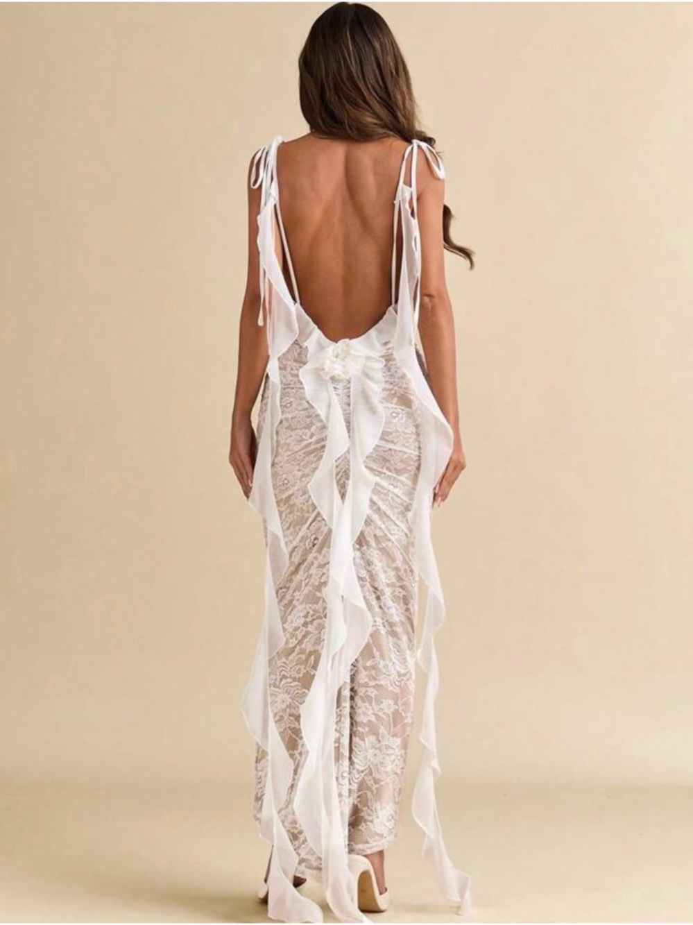 White Lace Open Back Maxi Dress Size Large Romantic Bridal Occasion Gown